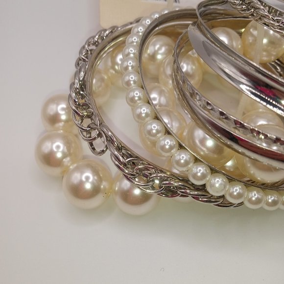 Cato Silver Tone Bangle and Faux Pearl Stretch Bracelets Set Of 8 NWT - Picture 7 of 11